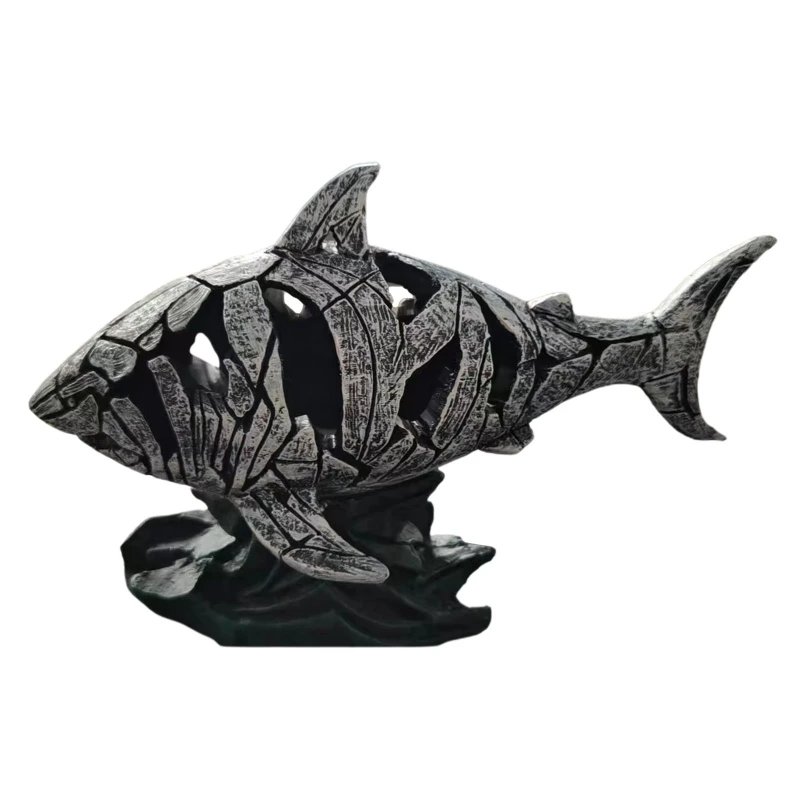Resin Shark Statue Cracked Animal Sculpture Figurine Art Crafts Ornament for Home Bedroom Office Desktop Decoration Supplies