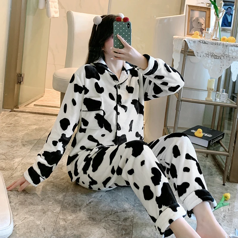 

Осенне-зимняя Фланелевая пижама, женские утепленные брюки из двух предметов с длинным рукавом, одежда для сна, ночное белье большого размер...