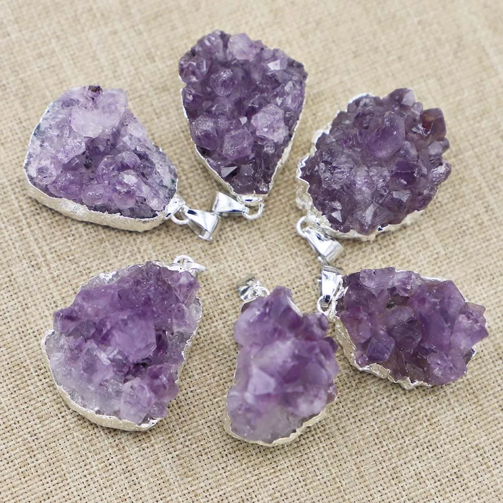 

High Quality Natural Stone Raw Ore Irregular Silver Edge Amethyst Pendant Necklace Purple Crystal DIY Jewelry Gift Wholesale8Pcs