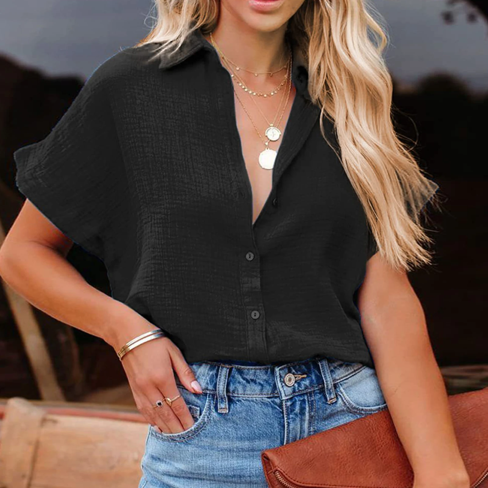 Women Summer Short Sleeve Lapel Blouse Fashion Solid Single Breasted Loose Blouses Ladies Casual Commuter Office Simple Tops New