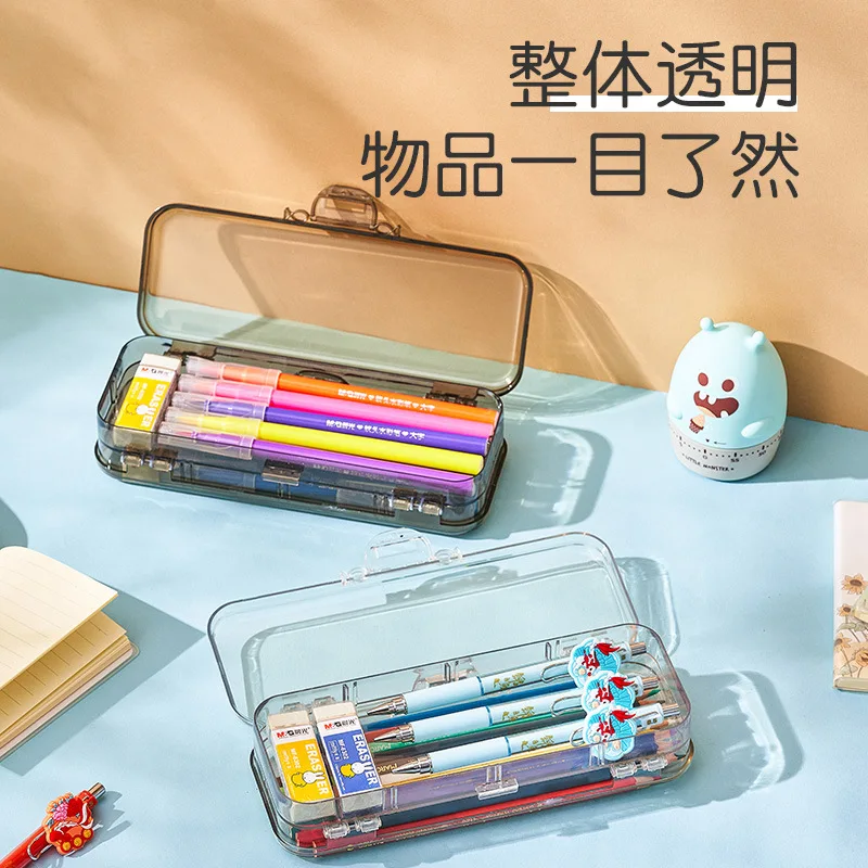 Large Capacity Simple Stationery Box Pencil Bag Portable Multi-function Pencil Box Transparent Double-layer Stationery