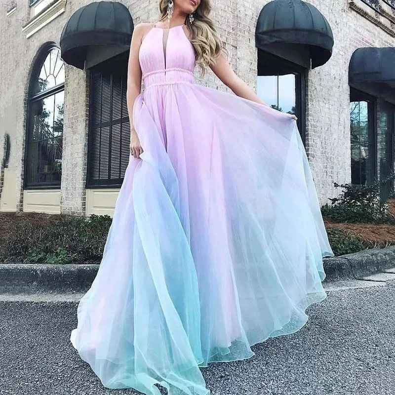 

Zoctuo Tie Dye Long Prom Dress For Women 2023 Elegant Halter Sexy V Neck Backless Slim Fit Mesh Maxi Dresses Club Evening Party