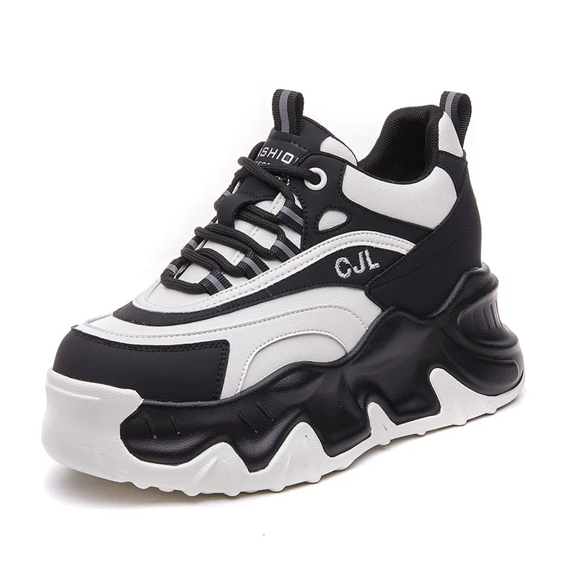 8CM Genuine Leather Mixed Color High Brand Women Chunky Sneakers Platform Wedge Vulcanized Shoes Hidden Heels Lady Fashion