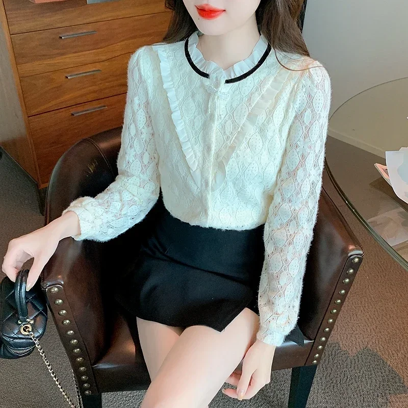 Модная кружевная женская рубашка с рюшами и оборками бархатная утепленная
