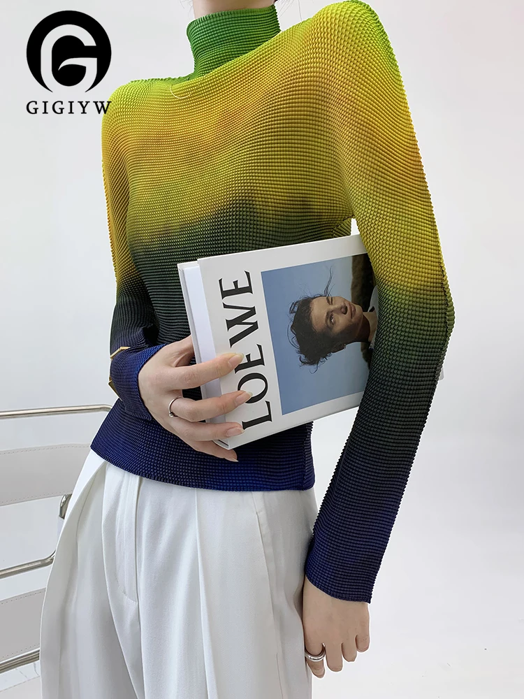 

Женская плиссированная блузка GIGIYW Miyake, эластичная облегающая Осенняя рубашка с длинным рукавом и градиентом
