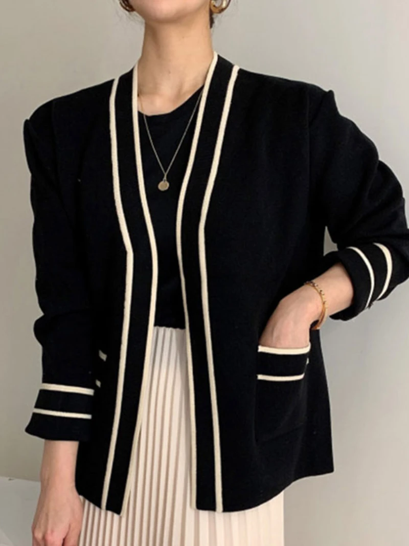 

Элегантная женская трикотажная одежда в Корейском стиле, Повседневный Кардиган, Свитер в полоску, новая женская одежда на осень и весну