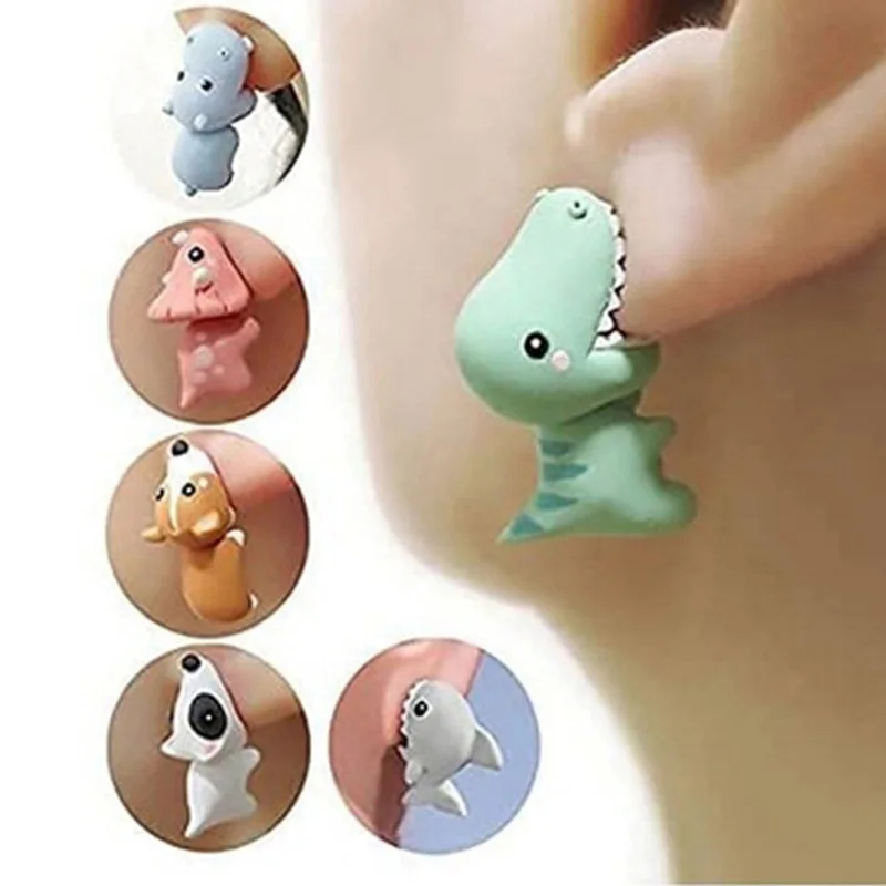 

2pcs Animal Cartoon Stud Earring For Women Cute Dinosaur Little Dog Whale Clay Bite Ear Jewelry Funny Gifts Fashion Accessoriesy