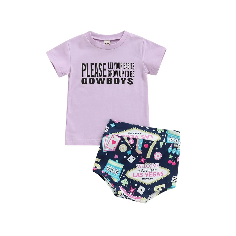 

Baby Girls 2PCS Pants Suit Short Sleeve Letters Crew Neck T-Shirt Colorful Printed High Waist Triangle Pants For Babies