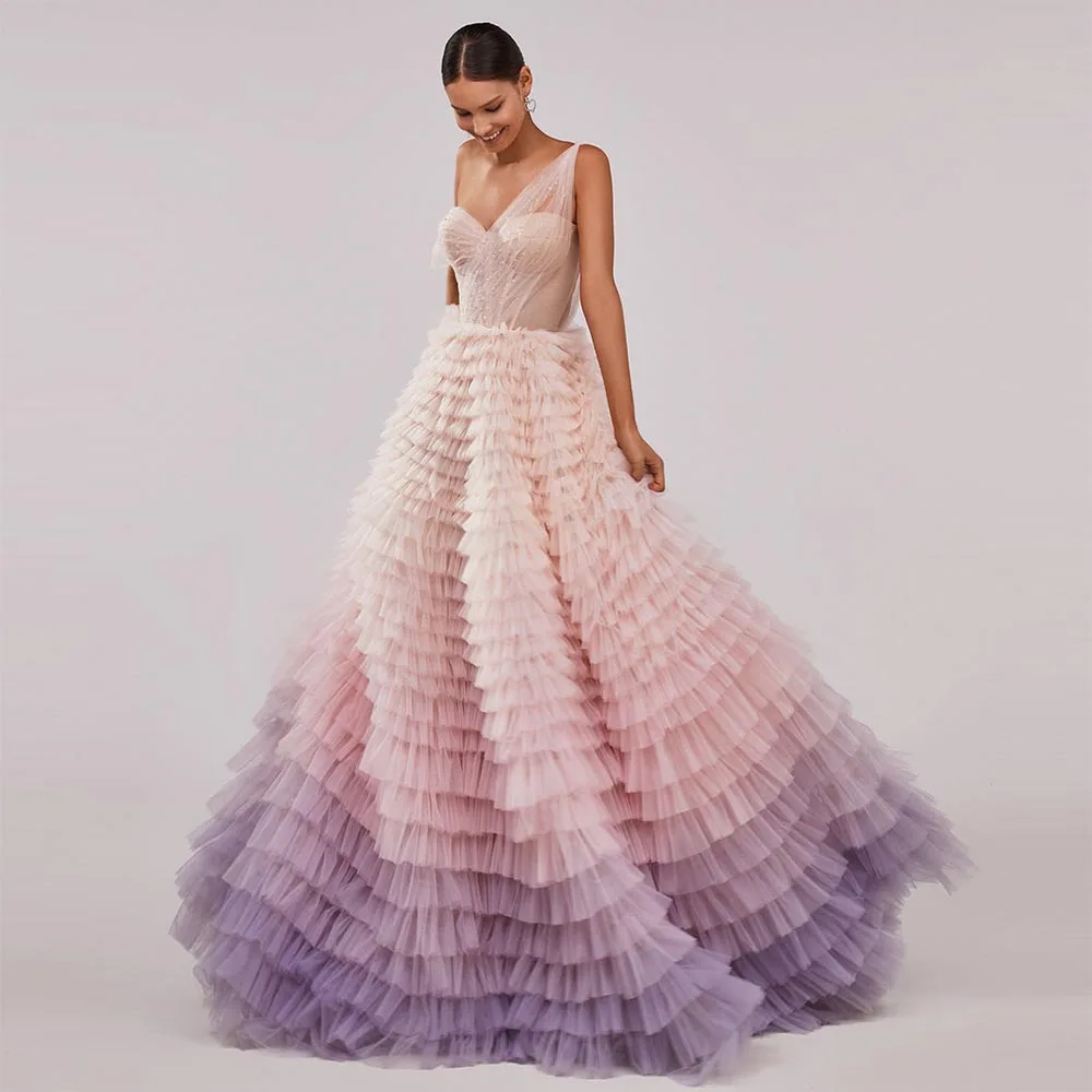 

Sevintage Colorful Tiered Ruffled Tulle Prom Dresses Beading Crystal Pleat Ruched Long Evening Gowns Wedding Party Dress 2022