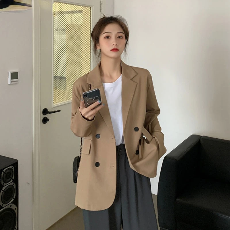 

Blazers Women Loose Double-breasted Office Solid Korean Long-sleeve Spring Elegant Vintage Trendy Breathable Sweet College Retro