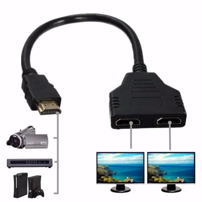 

1080P HDMI-совместимый переходник со штекера на 2 гнезда 1 в 2 выхода практичный кабельный конвертер прочный адаптер