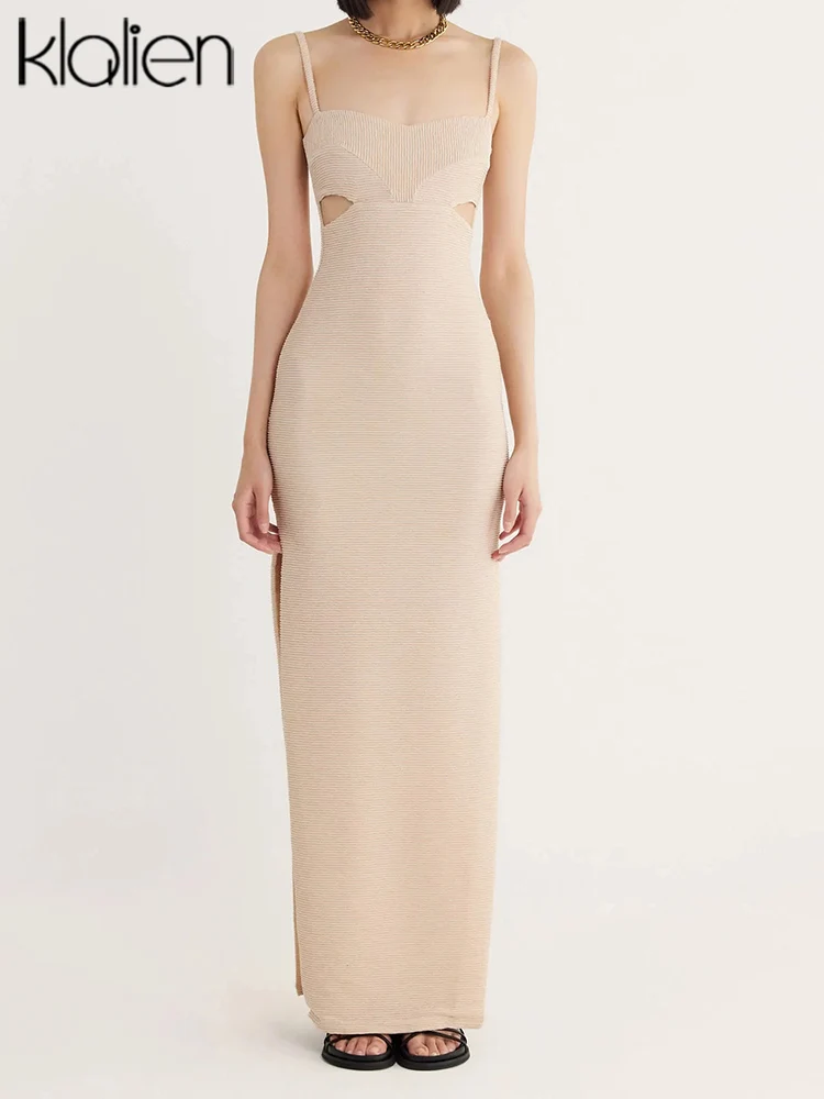 

KLALIEN модное повседневное вязаное платье макси для женщин Летнее тонкое универсальное однотонное пляжное праздничное Клубное платье женско...