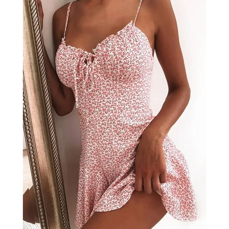 

2022 Women Summer Dress Sexy Sling Floral Print Ruffled Dress Sleeveless Mini Dress For Femmes Tie Front V Neck Party Dress