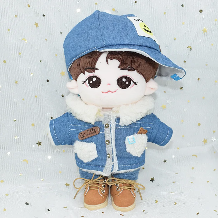 

20cm Doll Clothes Mini Denim Jacket Hat Outfit Autumn Winter for Idol Doll EXO SKz Kpop Change Dressing Free Shipping Items