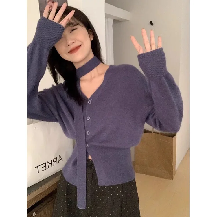 Lazy High Sense Фиолетовый вязаный свитер с v-образным вырезом и подвесным воротником