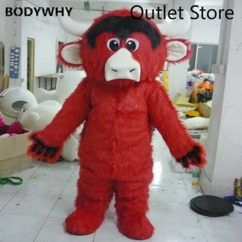 

Halloween Red Cattle Bullr Mascot Costume Long Furry Suit Fursuit Cosplay Cartoon Outfits Dress Clothing Xmas