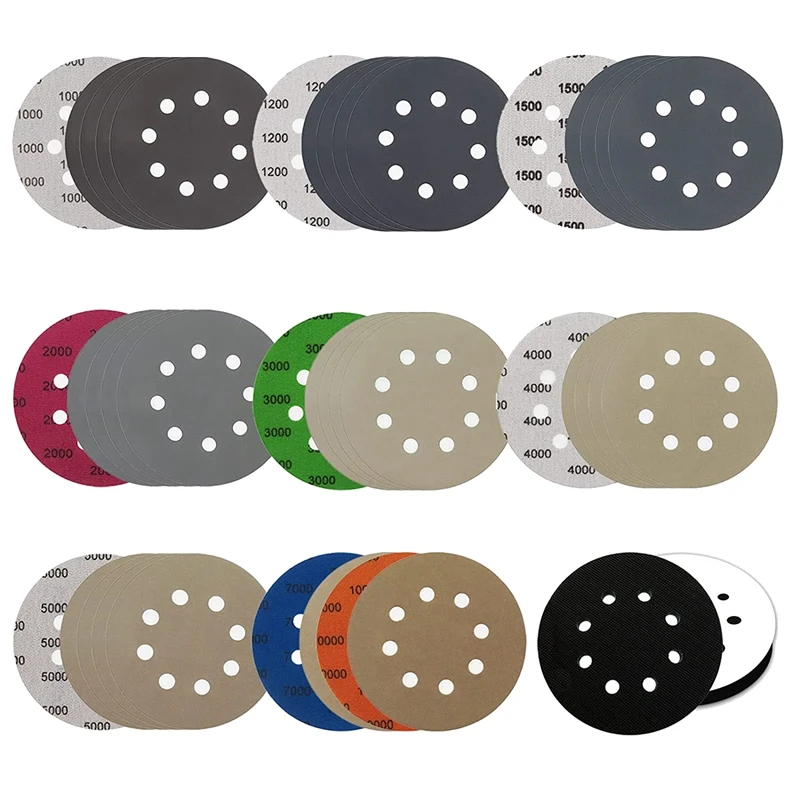 

33 Pieces 5 Inch 8 Hole Wheel Shackle Wet Dry Silicon Carbide Sandpaper With Interface Pad Track Sander For Polishing