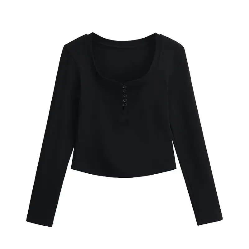 Кроп-Топ женский с длинным рукавом на пуговицах черного цвета
