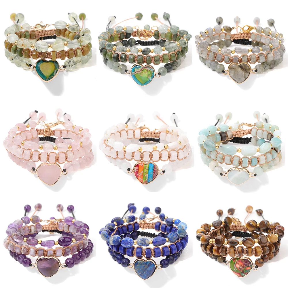 

3pcs/set Heart Natural Quartzs Stone Woven Bracelet Handmade Adjustable Wrap Leather Braided Bracelets For Women Men Wristbands