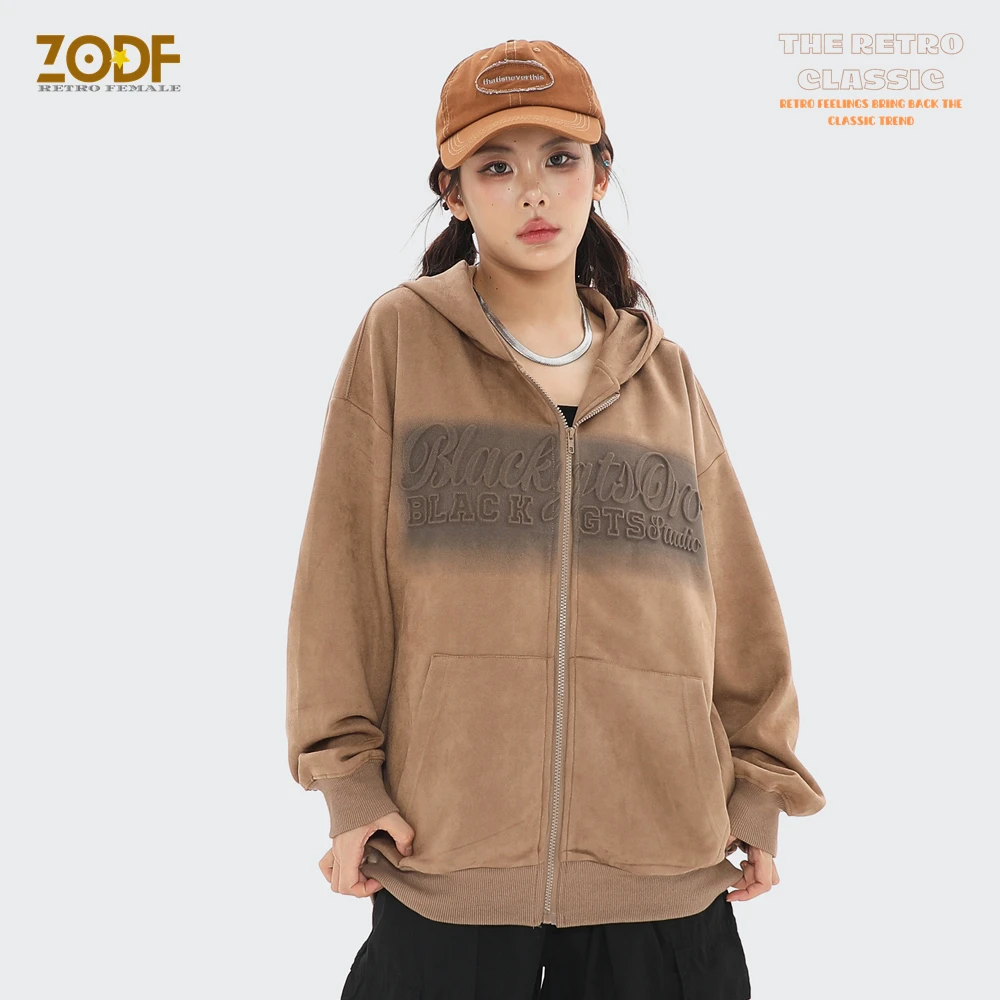 ZODF New 2022 Suede Nap Zipper Hoodies For Men Women Unisex Foaming Printing Hooded Sweatshirts Brand Streetwears HN0056