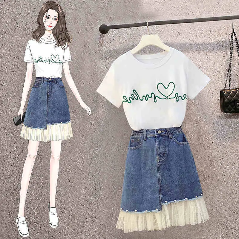 

2022 Women Summer New Suits Female Short Sleeved Printed Tops and Lace Stitching Denim Mini Skirts Ladies Two Piece Sets U37