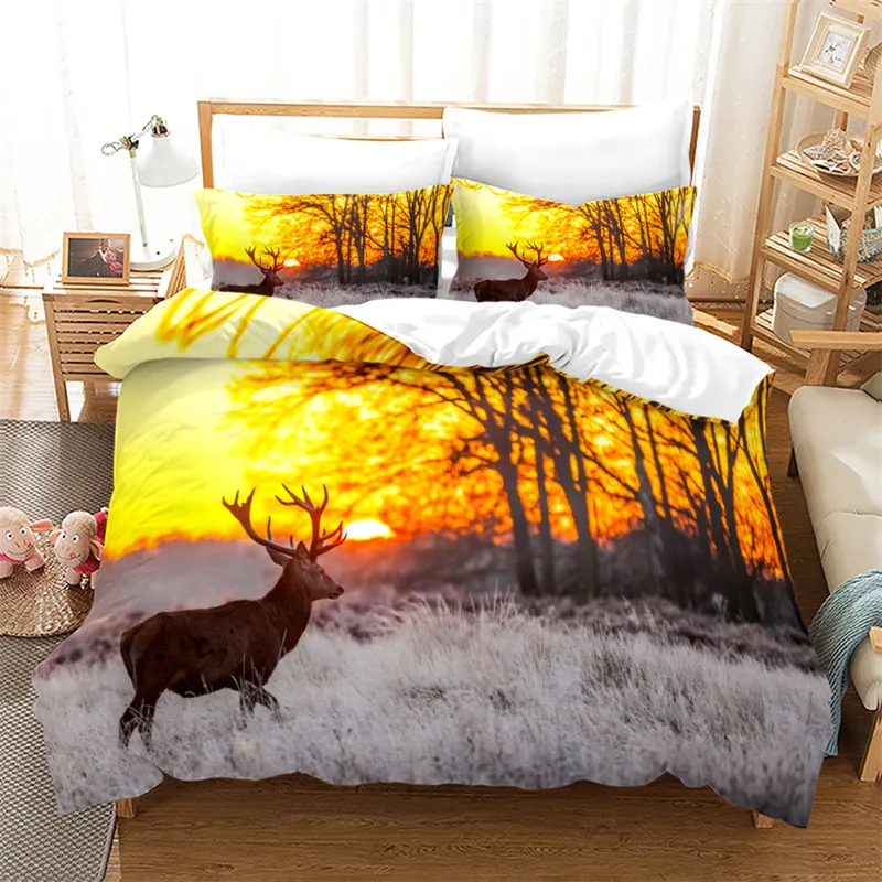 

Elk Giraffe Bedding Set Sunset Wildlife Deer Duvet Cover Animal Theme Comforter Cover Full King For Teen Boys Girl Bedroom Decor