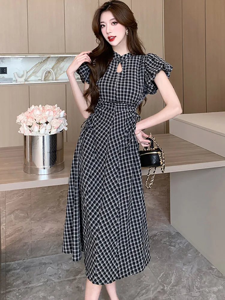 

Summer Black Patchwork Vintage Hepburn Long Dress Women Puff Sleeve Elegant Bandage Dress 2023 Korean Bodycon Party Night Dress