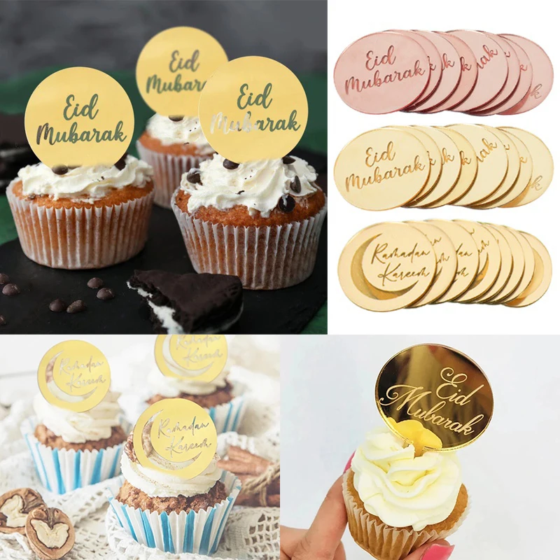 

8pcs 5cm Acrylic Eid Mubarak Cupcake Topper Gold Ramadan Kareem Cake Topper Islamic Muslim Festival Iftar Party Cake DIY Decor