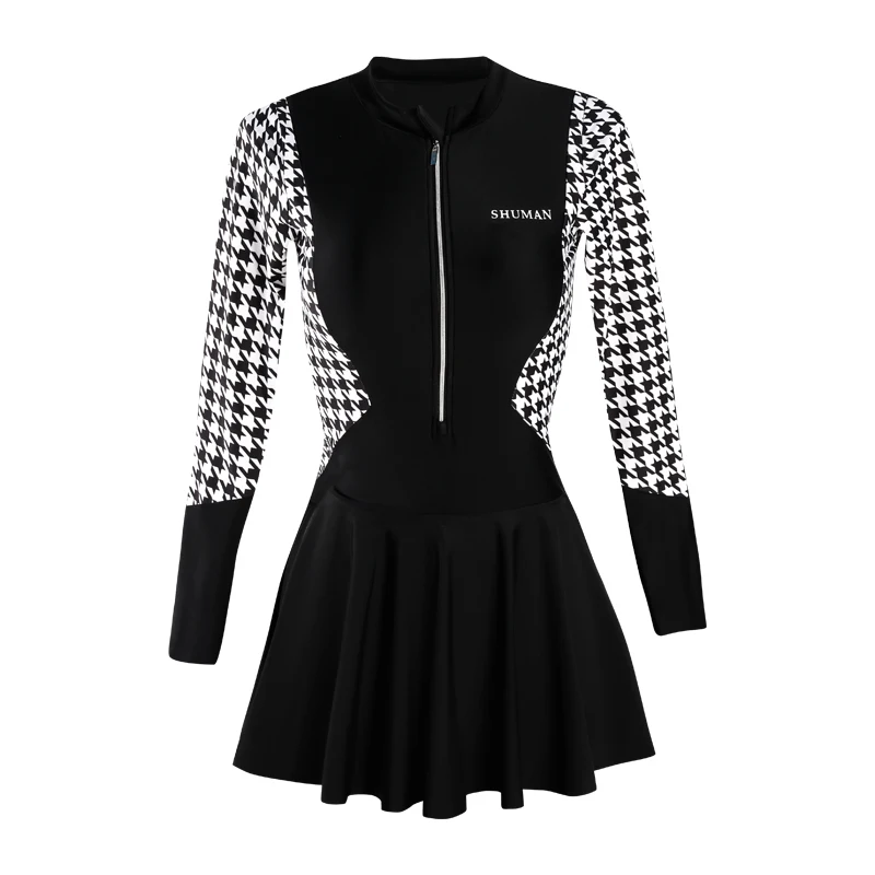 Women Swimsuit One Piece Plaid Swimdress Long Sleeve Shorts Bathing Suit Female Swimwear Skirt Zipper High Quality