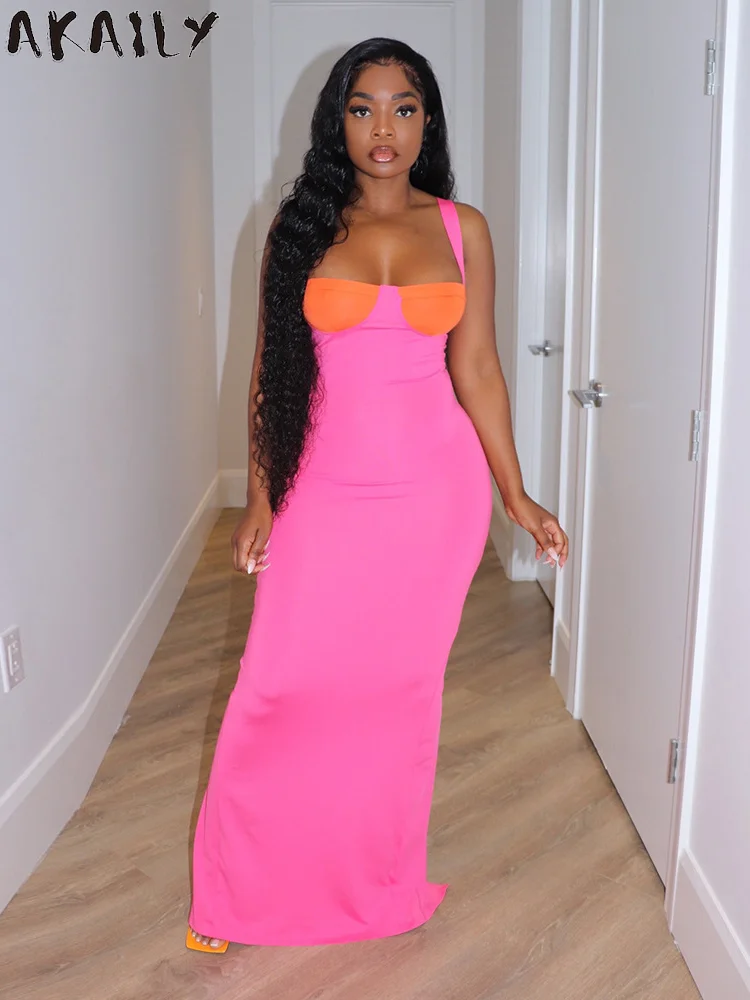 

Akaily Summer Patchwork Pink Maxi Dresses For Women 2022 Sleeveless Spaghetti Strap Dress Female Casual Bodycon Long Dress