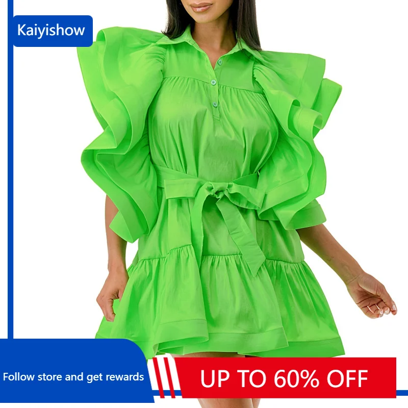 

Solid African Dress For Women 2023 Summer Flare Sleeves Turn-down Collar Robes Femme Daily Evening Party Dress African Dresses