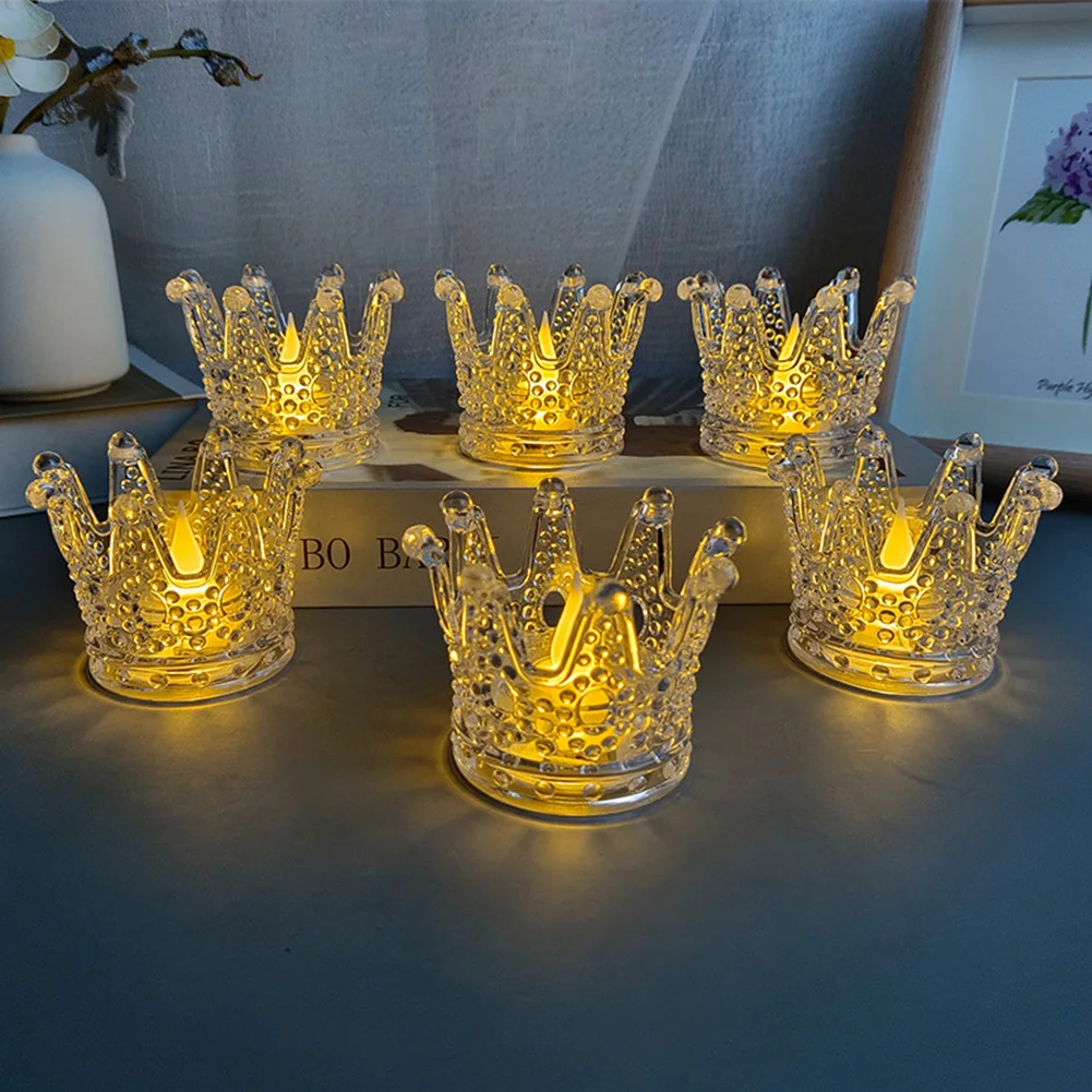 

6pcs Candle Lantern Transparent Flameless LED Crown Nightlight Desktop Ornaments for Home Living Room Christmas Party Decor Gift
