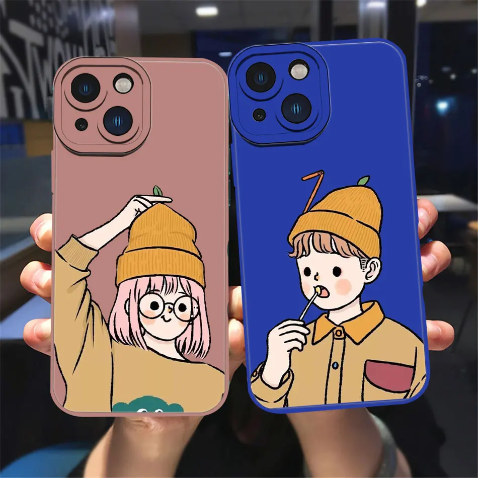 

Cute Cartoon Couple Phone Case For iPhone 11 12 13 Pro Max X XR XS MAX X 8 7 Plus beautiful Girl soft bumper Candy colors case