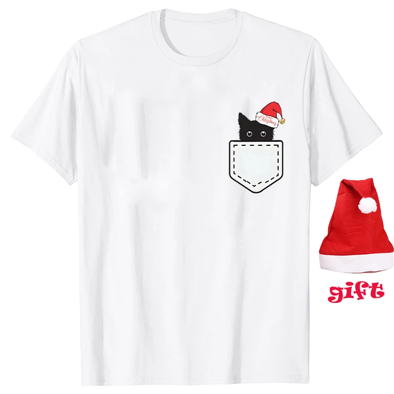 Забавная Рождественская рубашка с карманом в виде кошки футболки для женщин