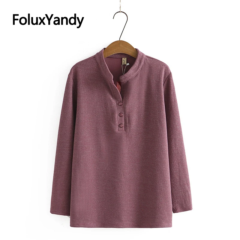 

FoluxYandy Stand Collar Women T-shirts Plus Size Tops Tees Casual Spring Autumn Long Sleeve Tops KKFY5823