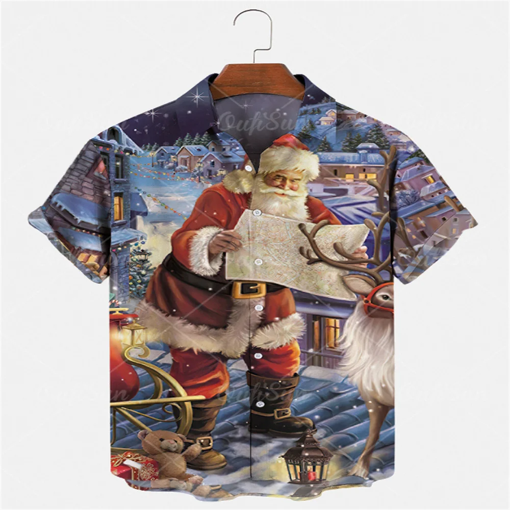 

Men's Summer Santa Shirt Beach Style Green Leaf Print Hawaiian Shirt Casual Short Sleeve Lapel Shirt Top