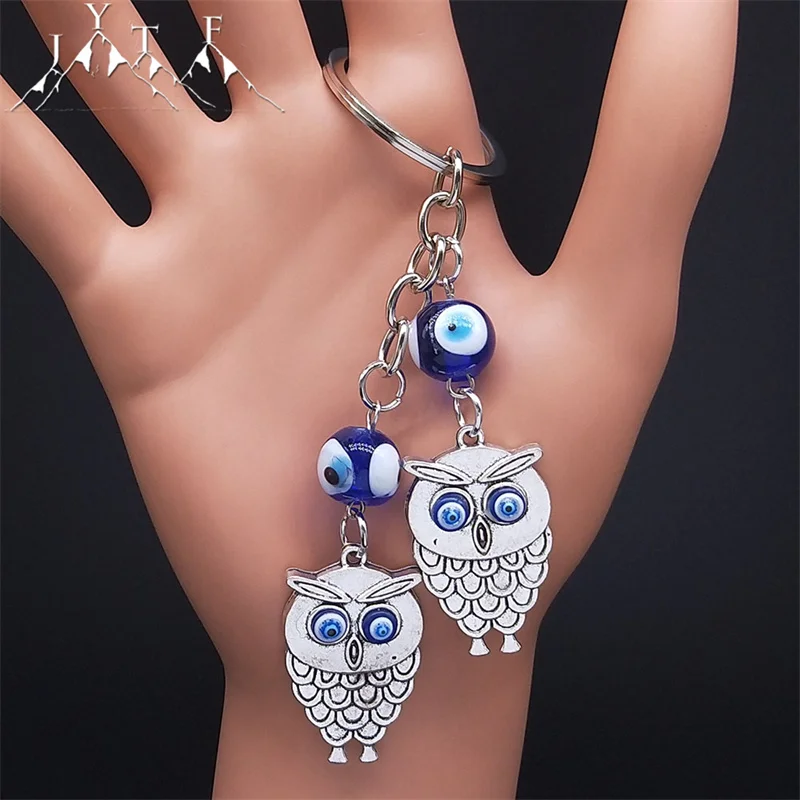

Lovely Owl Evil Blue Eyes Bag Accessories Women Silver Color Alloy Metal Turkish Eye Key Chain Ethnic Jewelry Gifts KXH782S05