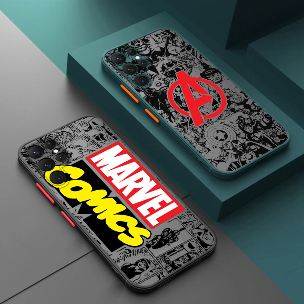 

Avengers Logo Marvel Comics Phone Case For Samsung S22 S21 Ultra S20 FE S10E S10 Lite Plus Frosted Translucent Matte Cover