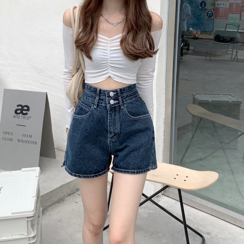 

Women Shorts Side-slit Empire Retro Design Straight Denim Trousers Button Summer High Quality All-match Ulzzang Fashion Students