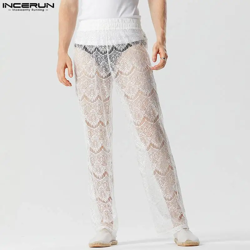 

INCERUN Men Pants Lace Mesh Transparent Elastic Waist Sexy Loose Trousers Men Streetwear 2023 Vacation Fashion Pantalon S-5XL
