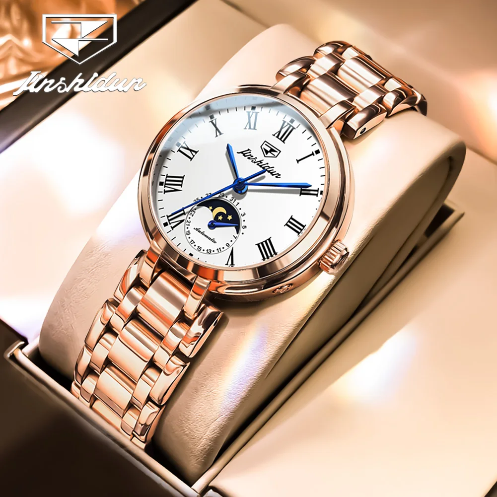 Фото JSDUN 8981 Elegance Luxury Оригинальные автоматические часы для женщин, водонепроницаемые, из нержавеющей стали, простые женские механические наручные часы №1