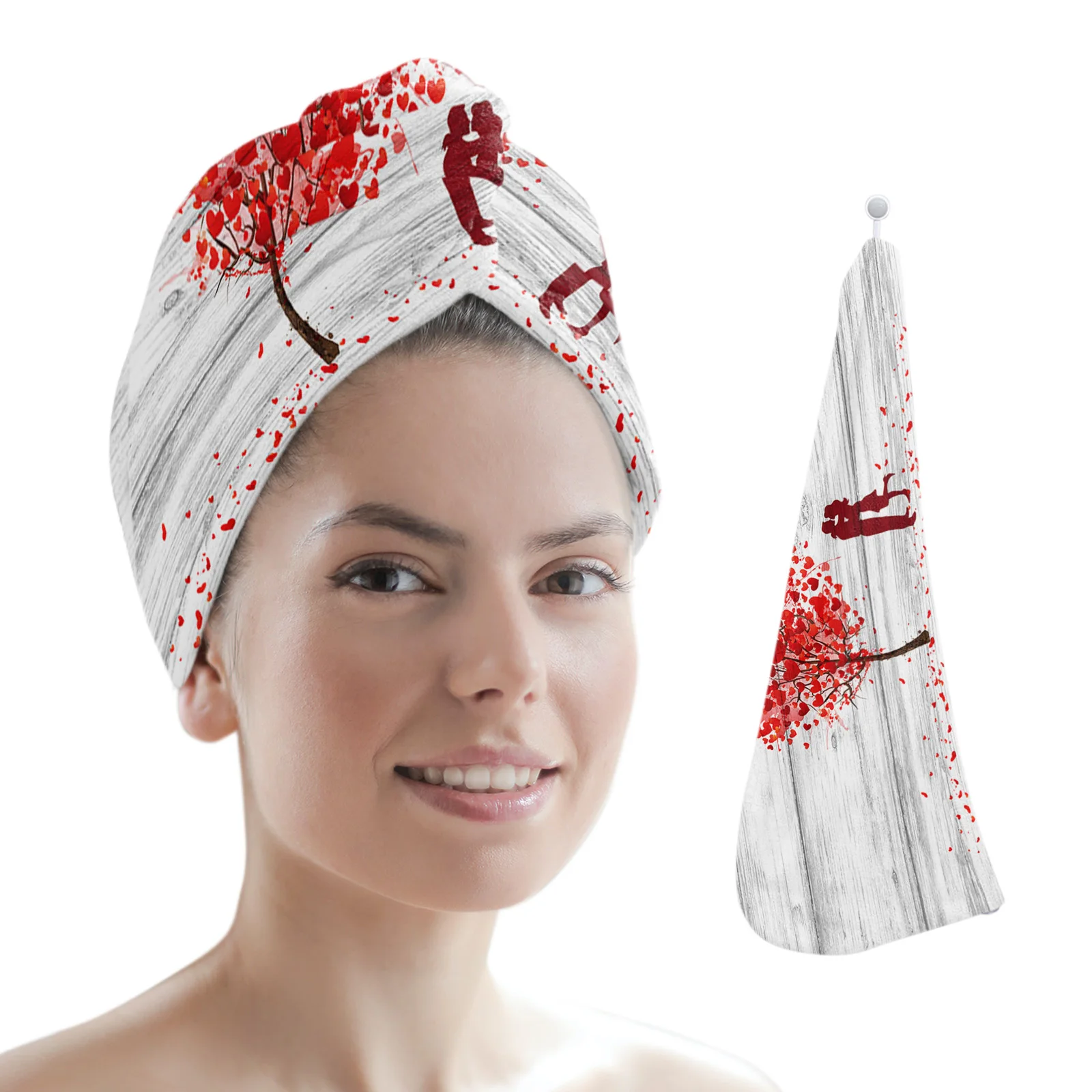 

Valentine'S Day Love Tree Couple Towel Women Adult Absorbent Quick-Drying Shower Long Hair Cap Microfiber Head Hair Towel