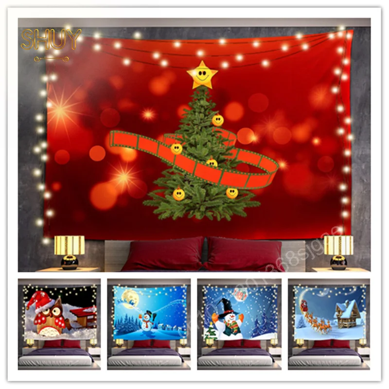 

Christmas Tree Snowman Gift Red Tapestry for Bedroom Home Sofa Background Wall Hanging Cloth Festival LED Decoration Tapestries