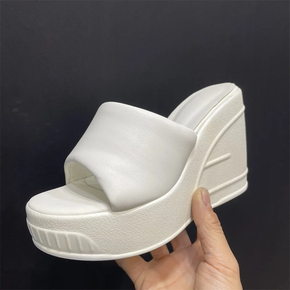 2023 Summer New Wedge Platform Mink Fur round Head Slip-on Slippers High Heel Sandals Large Size Women's Shoes