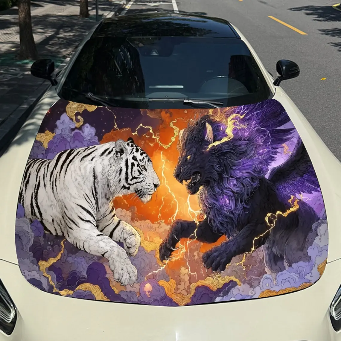 Фото Оранжево-фиолетовая автомобильная виниловая пленка Cloud Flame Beast Duel, водонепроницаемая наклейка на капот автомобиля из ПВХ, самоклеящаяся устойчивая к царапинам №3