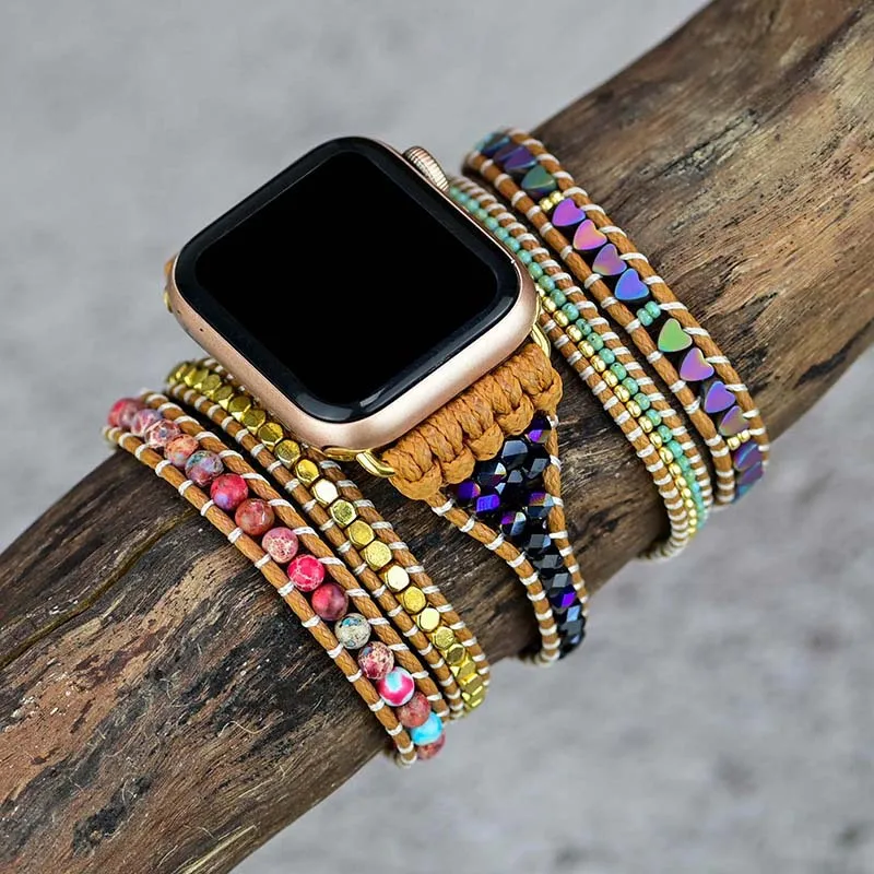 Natural Love Black Gallstone Emperor Stone Strap for Apple Watch Bands 38 41 42 45mm Multilayer Wrap Bracelet for Iwatch Series