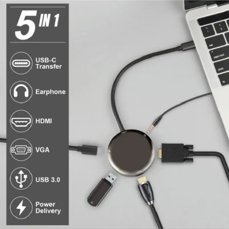 

USB-концентратор 5 в 1, 60 Вт, 5 Гбит/с, 4K Type C на HDMI