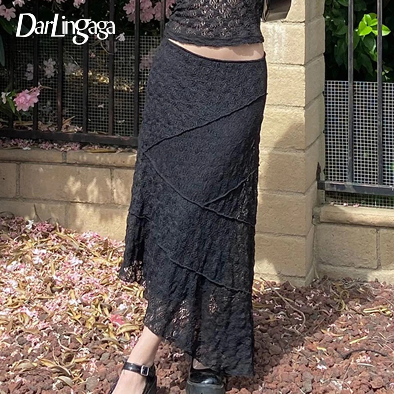 

Darlingaga Vintage Stitching Low Rise Lace Skirt Ladies Elegant Gothic Asymmetrical Chic Y2K Outfits Party Long Skirts Two-Layer