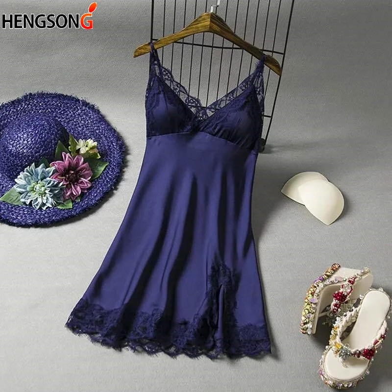 

Women's Sexy Sling Lace Spliced Nightgowns Dress Spaghetti Strap Cool Thin Sleepwear Chest Pad V-Neck Summer Nightdress