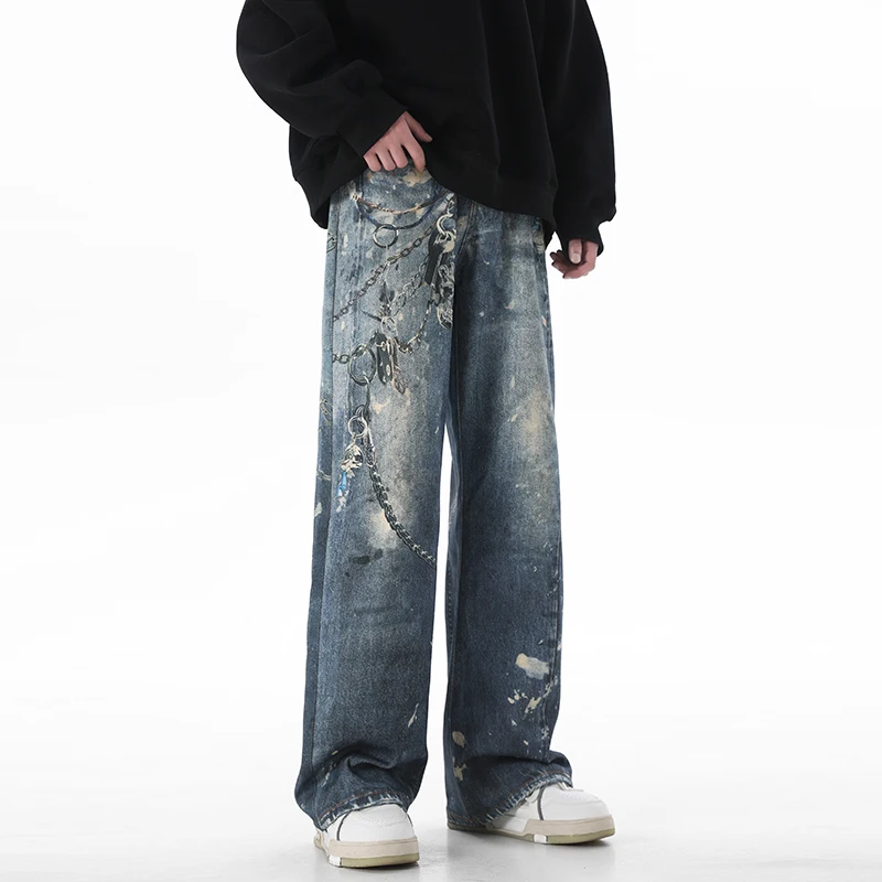 Джинсы мужские с цифровым принтом уличная одежда плотные свободные прямые